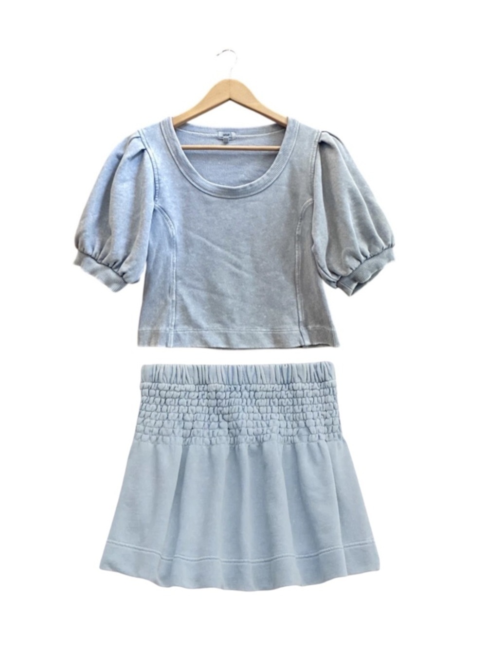 Aerie Washed Light Blue Puff Sleeve Crop Top adn matching skirt size large set